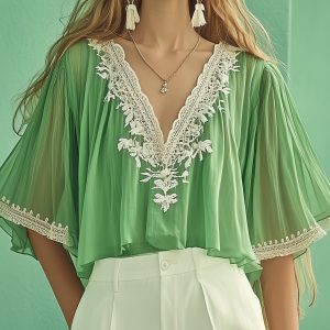 Lace Panel Floral Embroidered Chiffon Blouse