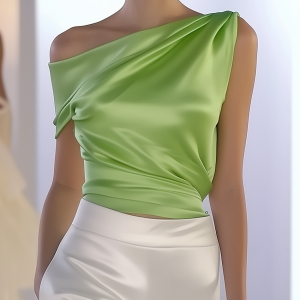 One Shoulder Sleeveless Light Green Satin Shirt