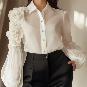 White Chiffon Blouse With 3D Flower Decoration On Sleeves