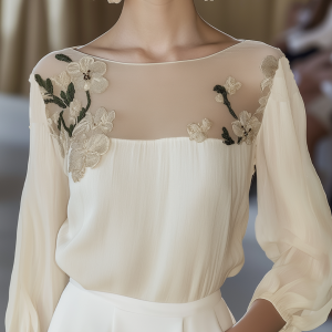 Beige Stitching Shirt With Elegant Floral Embroidery