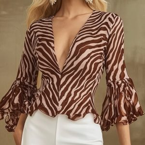 Zebra Print Flare Sleeve Blouse