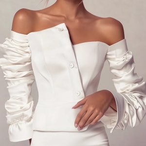 White Off-the-shoulder Blouse With Pleated Sleeves