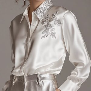 White Satin Blouse With Silver Plant Embroidery